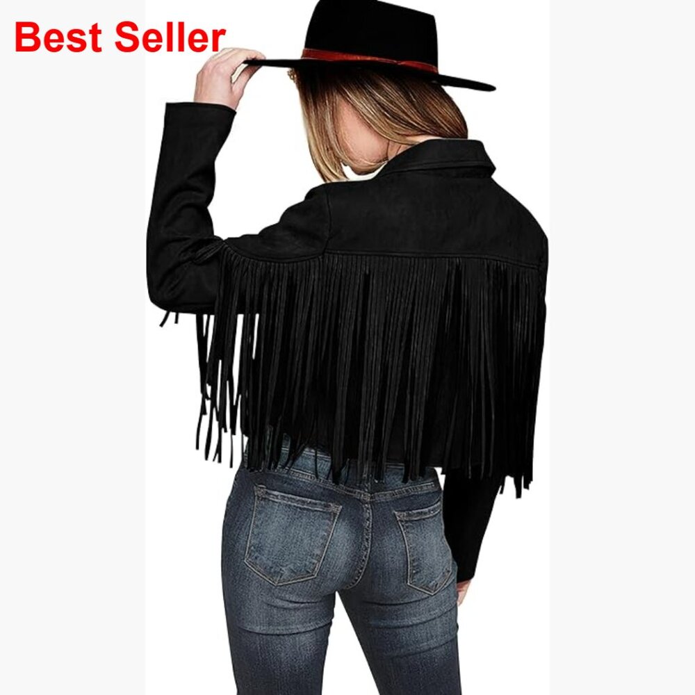 Faux Suede Fringe Motorcycle Cropped Jacket with Tassel Design